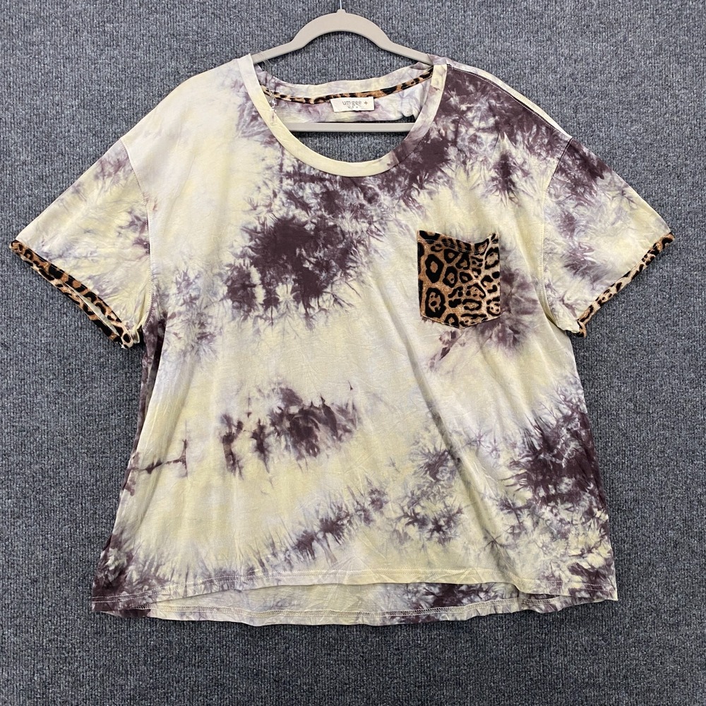 UMGEE Shirt Womens XL Beige Tie Dye Distressed Back Short Sleeve Casual Hippie